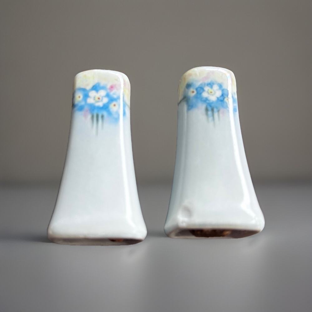 Vintage Porcelain Hand Painted Salt And Pepper Shakers Japan Blue Floral Tiny